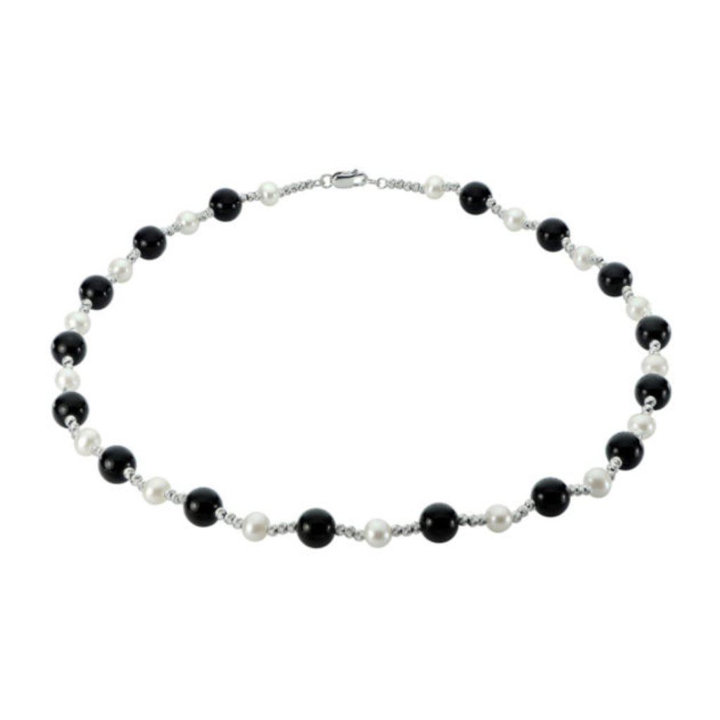 Genuine Pearl & Onyx Sterling Silver Necklace Lobster Clasp